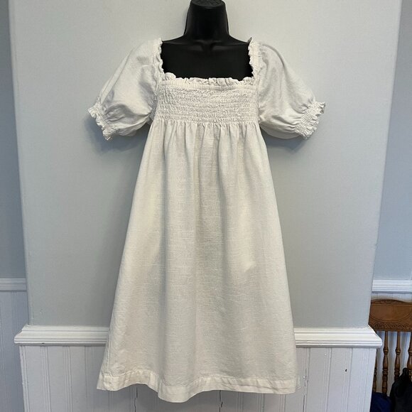 Faherty White Organic Cotton Puff Sleeve Babydoll Dress, Size Large - Picture 3 of 12